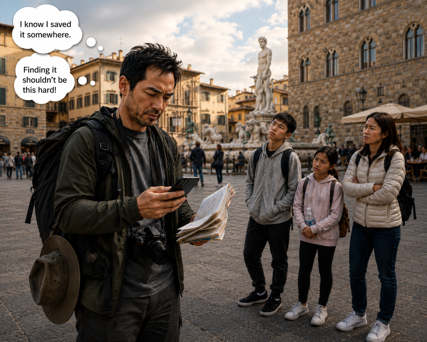 A traveler searching their phone while their family waits nearby, trying to remember where they saved the place they wanted to visit.