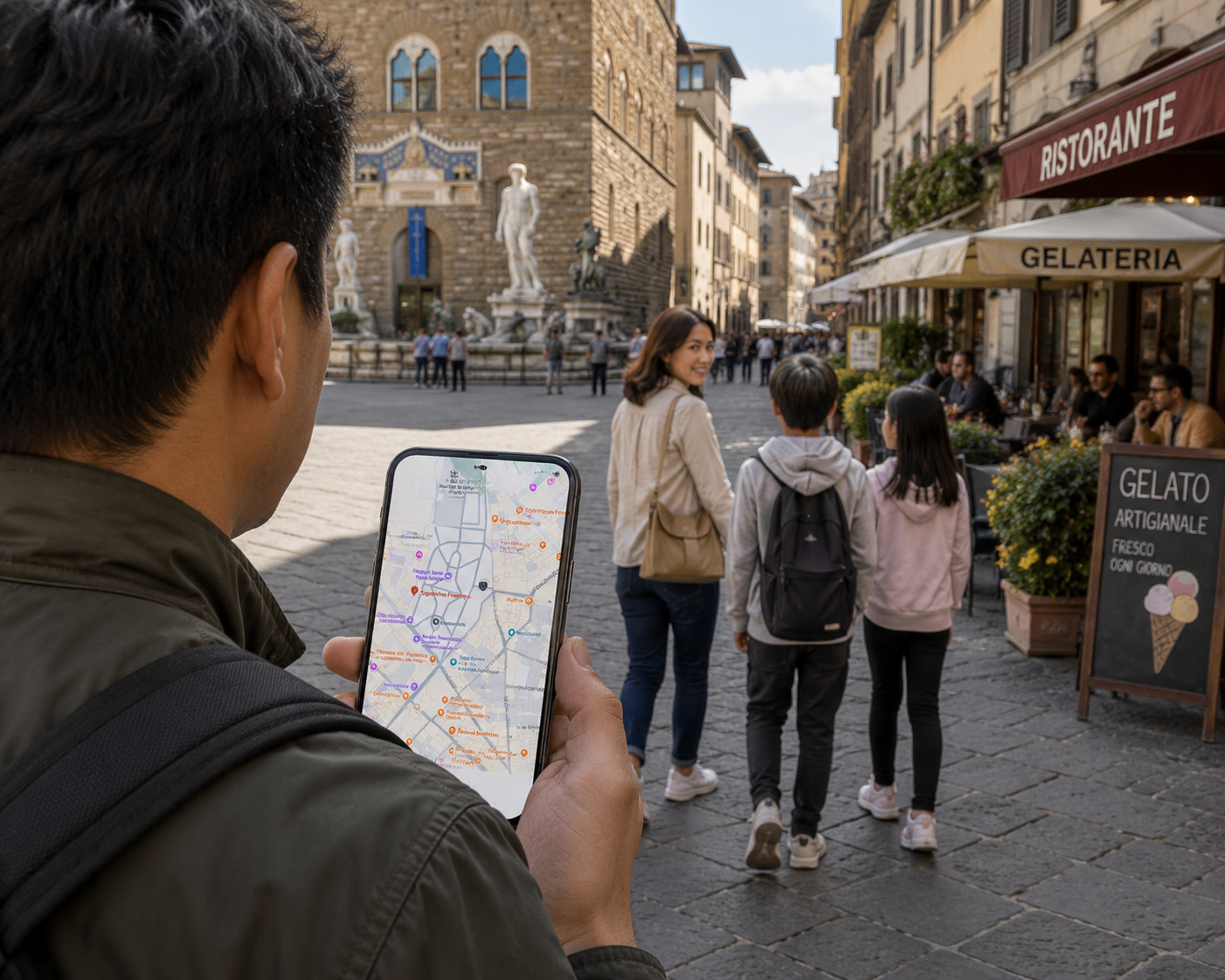 A traveler pauses in Florence while viewing Google Maps as several prepared possibilities surround the family.