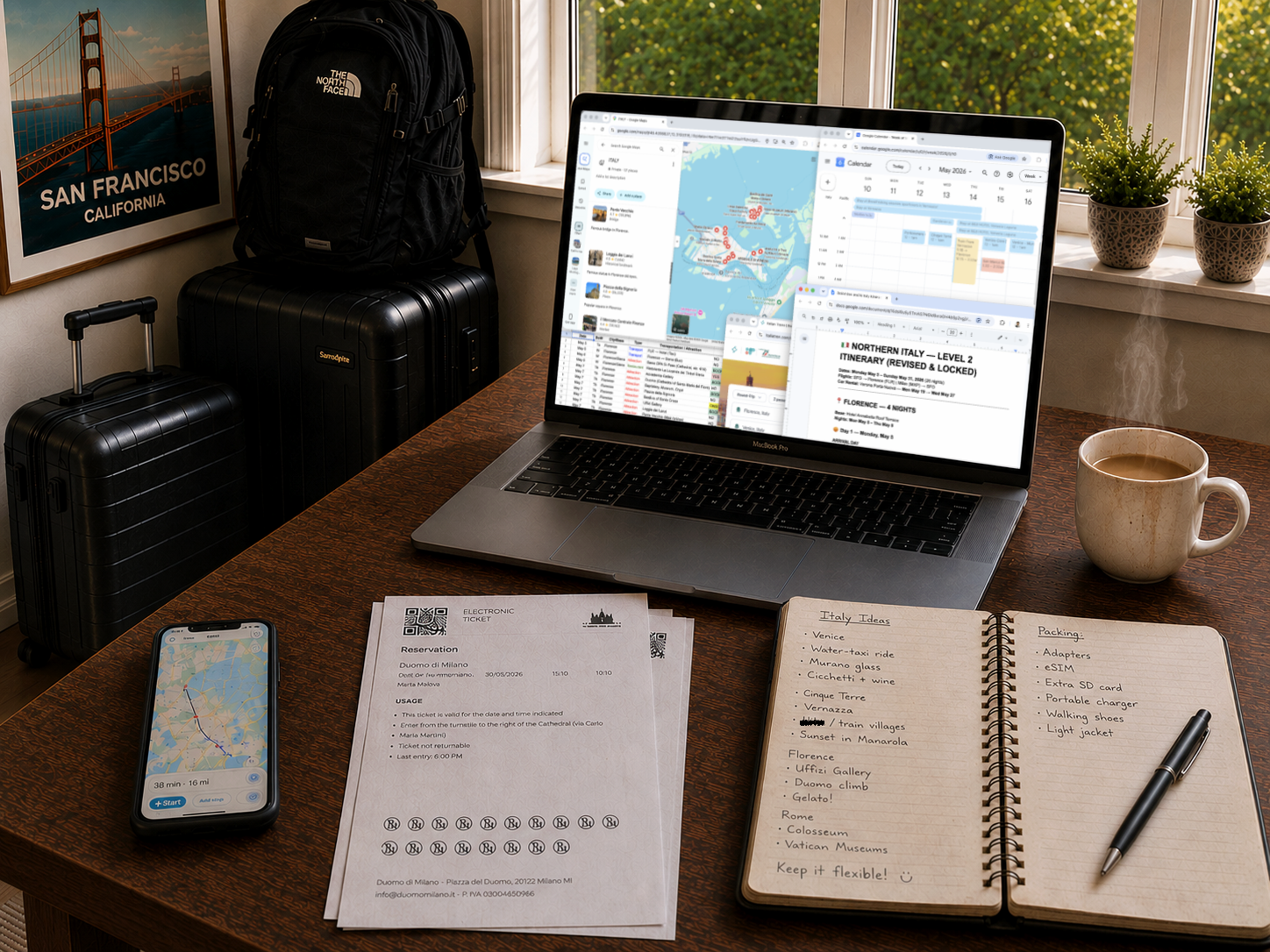 Mapcorum on a laptop beside a phone ready for travel