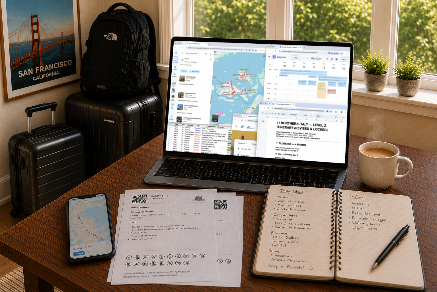 A warm travel planning workspace with a laptop, maps, printed tickets, handwritten notes, luggage, and coffee.