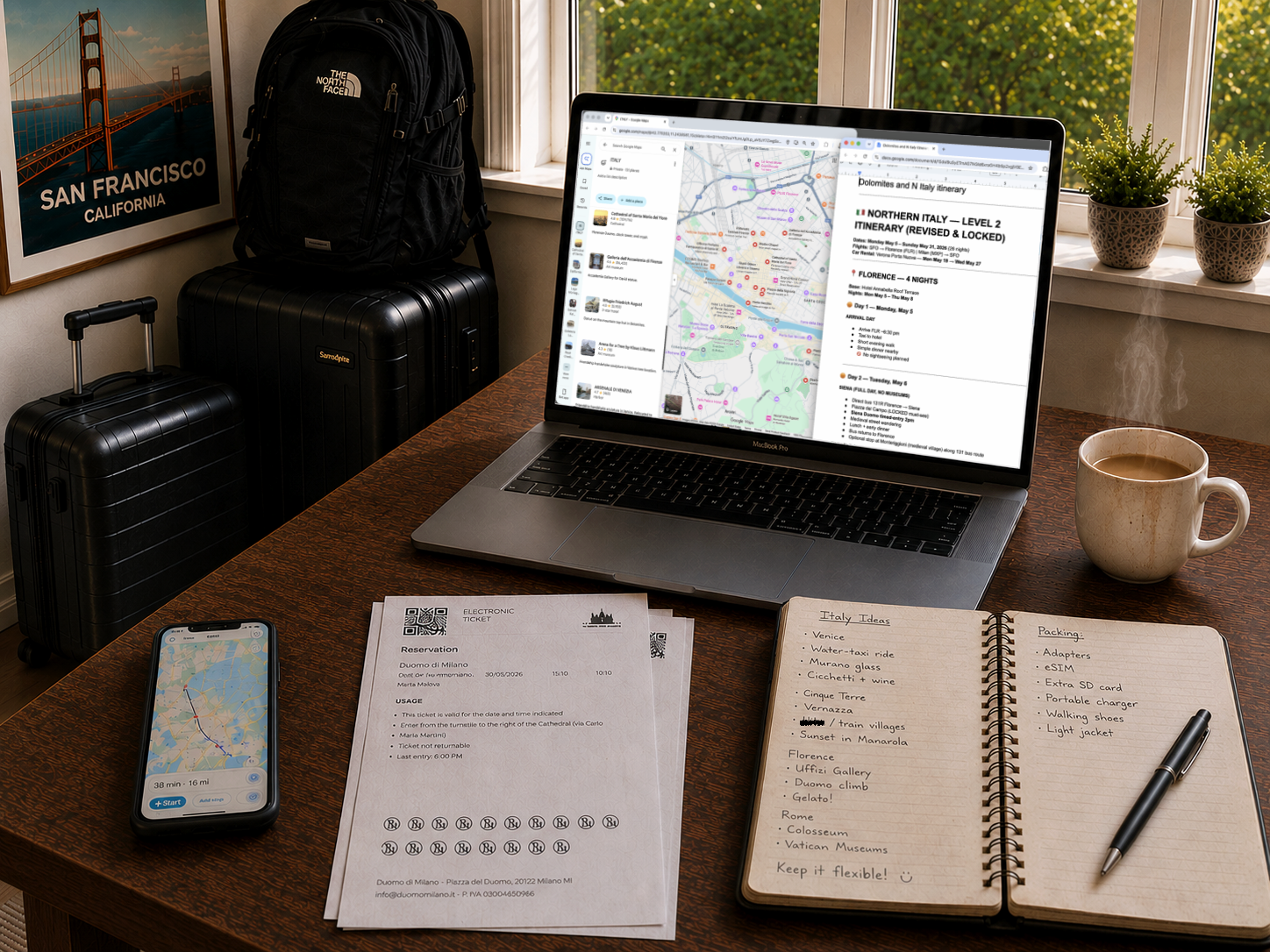 A warm travel-planning workspace with luggage, a laptop showing Google Maps and an itinerary, printed reservations, handwritten notes, a phone, and coffee.