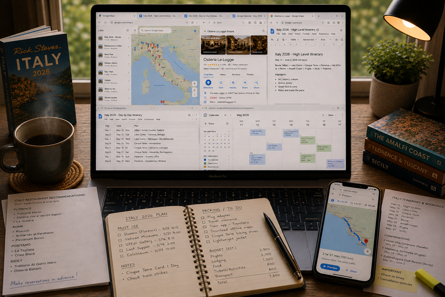 A warm travel planning workspace with a laptop, maps, notes, itinerary printouts, and coffee.